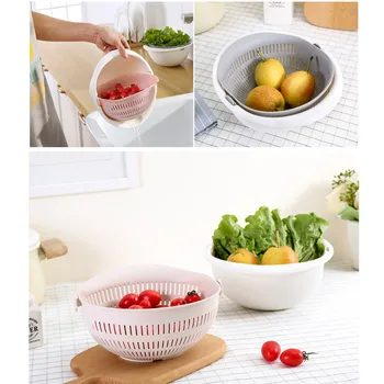 

Double Drain Basket Bowl Washing Kitchen Strainer Noodles Vegetables Fruit Drain Basket