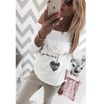 

Fashion Women 2020 Spring Autumn T-shirts Letters Love Printed Patchwork O-Neck Tee Shirt Long Sleeve Casual White Tops