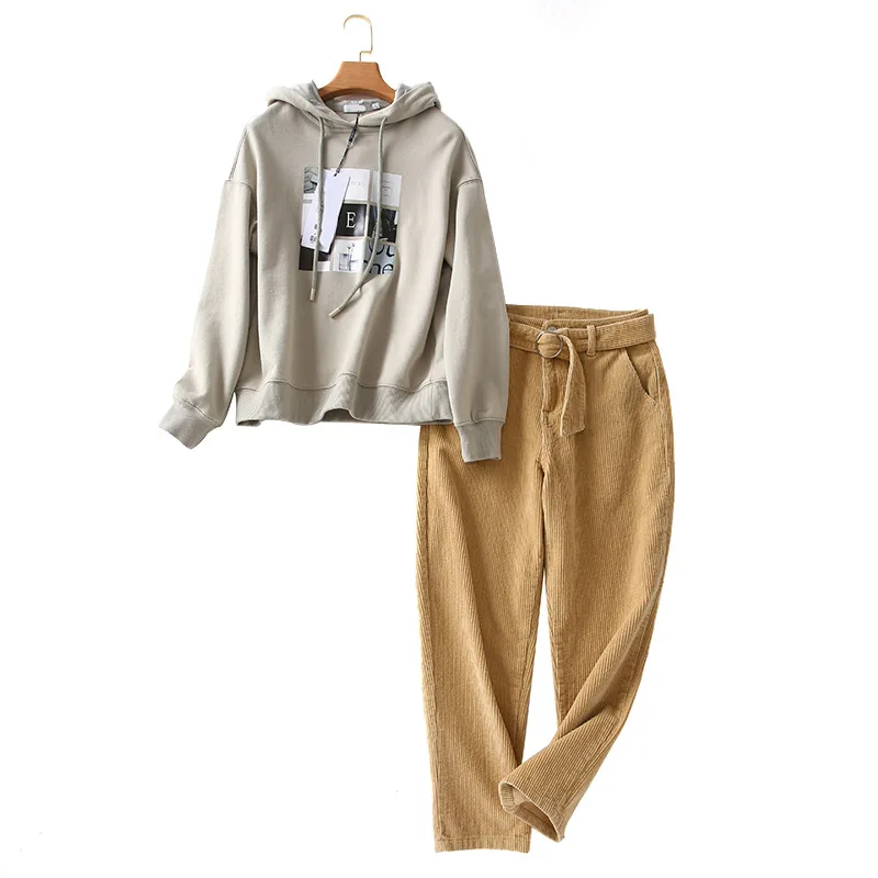 

A Generation of Sports Leisure Suit 2019 New Style Korean-style Hooded Printed Hoodie + Corduroy Pants Entity