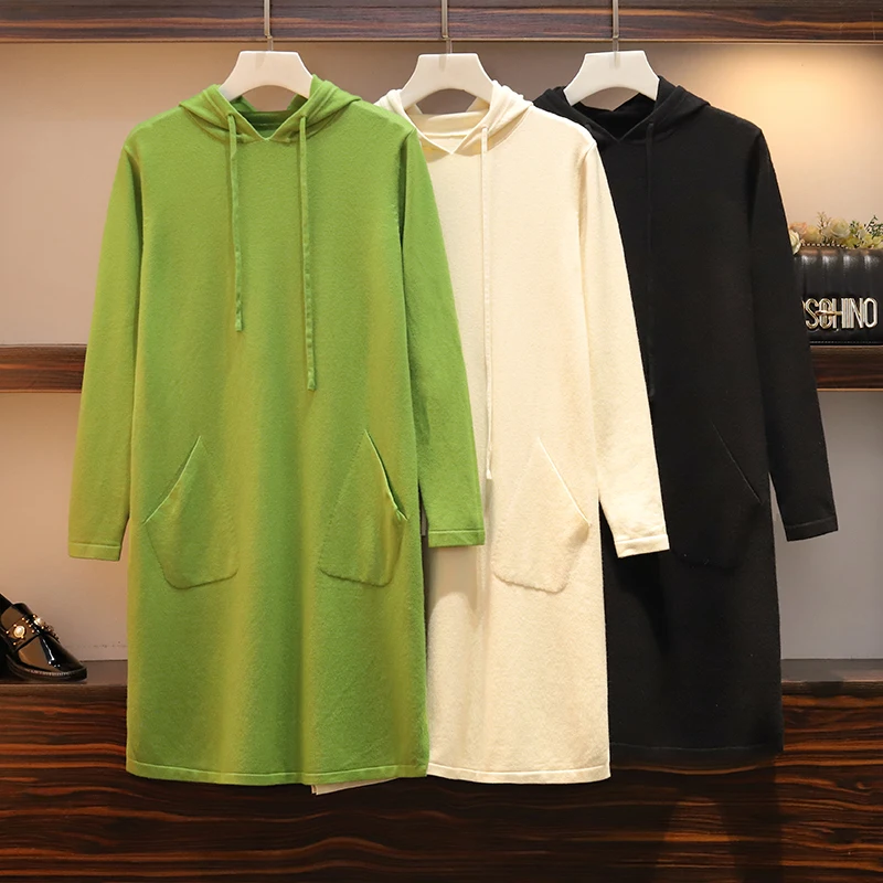 

2020 Autumn New Long-Sleeved Knitted Dress Fashionable Loose Plus Size Women's Hooded Shirt Pocket Tops Dresses M-4XL