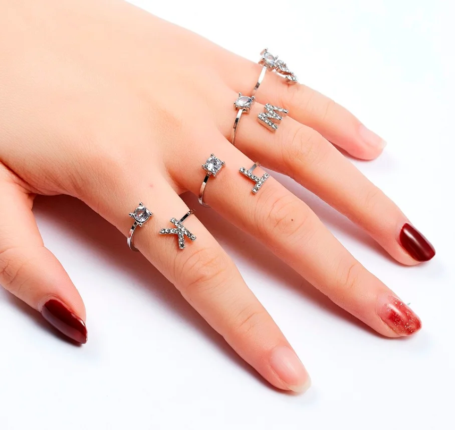 YLWHJJ brand Silver Color Alloy Round Rhinestone Mosaic 26 Letter Irregular Adjustable Opening Ring For Women Fashion Jewelry