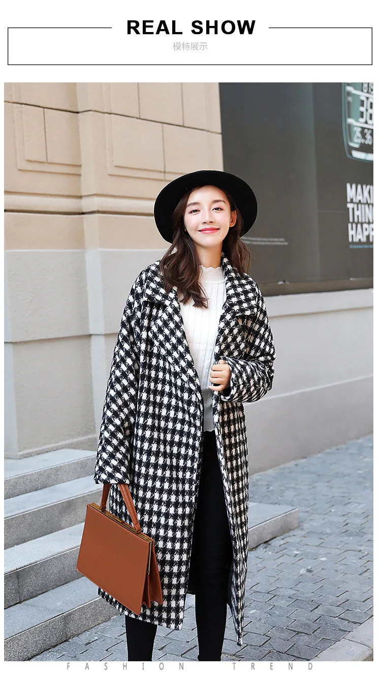 Korean Version of The New Loose Houndstooth Woolen Coat Female Long Section Over The Knees Coat Wool Coat Women