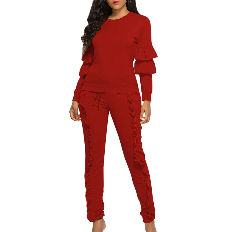 

2019 New Autumn Women Ruffle Sleeve Ladies Suit Stitched Long-Sleeved Solid Color Drawstring Two-Piece Jumpsuit Female