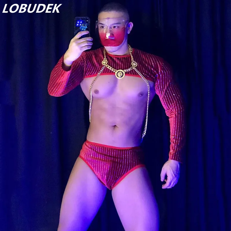 

Bar Nightclub DJ Pole Dance Costume Festival Rave Club Party Muscle Men Performance Stage Wear Red Stripes Velvet Bikini Outfits