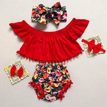 

3Pcs Baby Girls Clothes Set Red Sleeveless Off Shoulder Shirt For Girls Tops Floral Printed Short Pants Headbands Baby Girls Set