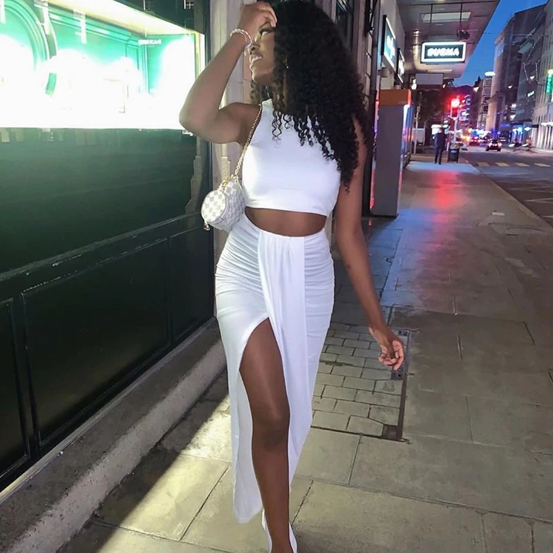 Summer Women Crop Top Long Skirts Two Piece Set White Party Club Wear Sexy Split Skirts Sets Casual Clothing 2021New 1