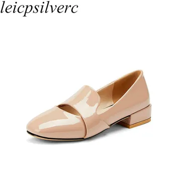

Women's Pumps Med Heels Spring Autumn Patent Leather Square Toe Thick Heel 2019 New Sexy Fashion Casual Pink Beige Big Size34-48