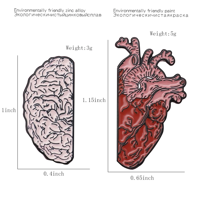 Сердце и мозги анатомические нагрудные булавки половина мозга и сердца эмаль броши медицина человека брошь для подарок для врача значки ювелирные изделия