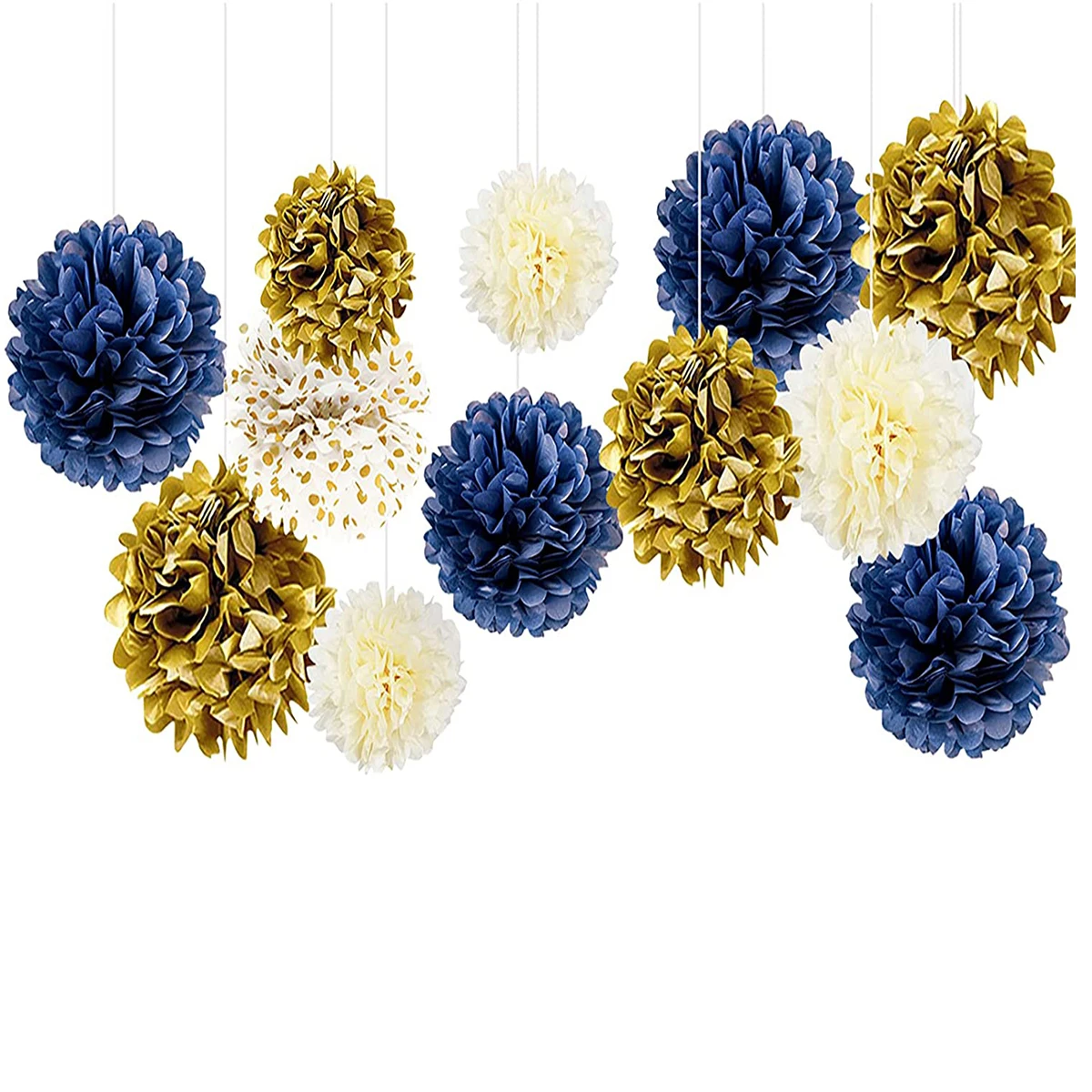 12 шт. в упаковке Темно-синие слоновой кости золотая ткань Бумага Pom Poms цветок для
