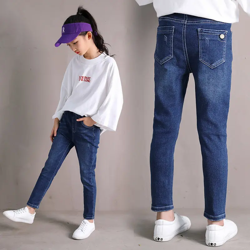 Модные стильные детские джинсы для девочек, повседневные джинсовые брюки темно-синие джинсы с пуговицами для девочек-подростков, Осенние штаны От 4 до 13 лет