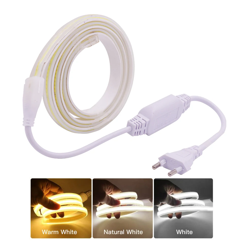 220V 110V COB Led Strip Light Waterproof 288LED/m CRI 90 Linear Lighting With US EU UK Power Plug Flexible LED Ribbon Decoration