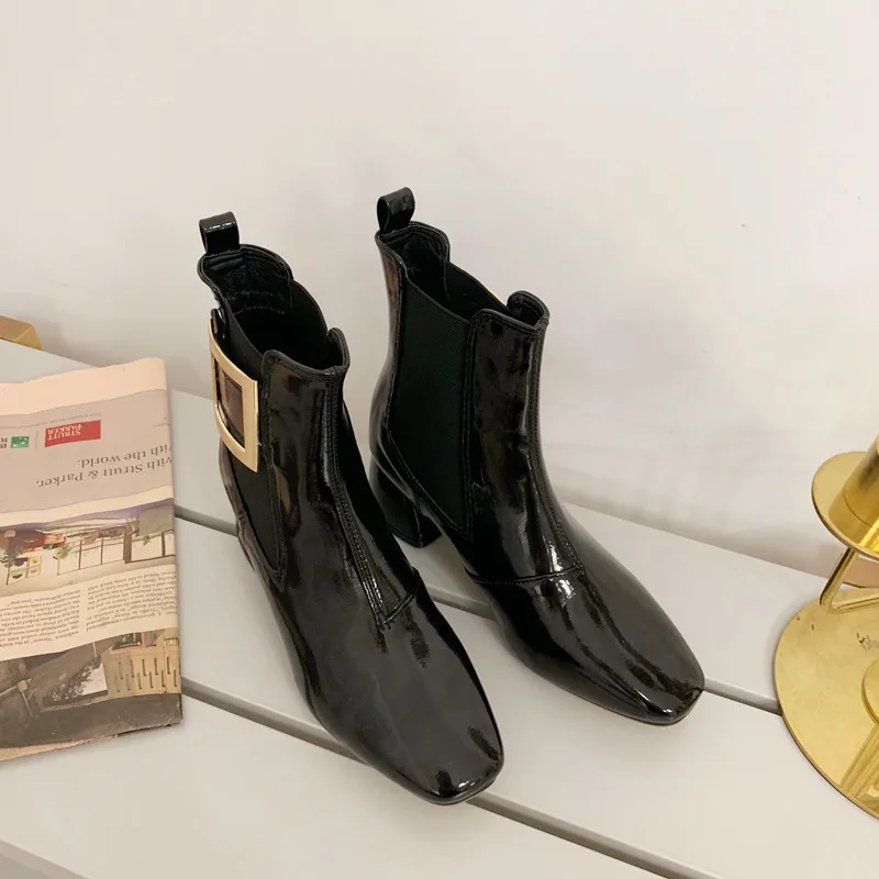 LTARTA Women Martin Boot Square Button Women's Shoes Black Leather Boots Square Head Wrinkled Painted Shoes JXQ-2668-2