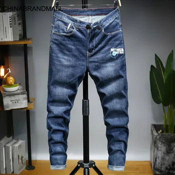 

16026 # Trend Youth Printing Jeans Male Will Size Small Directly Cylinder Elastic Force Leisure Time Long Pants 32-46