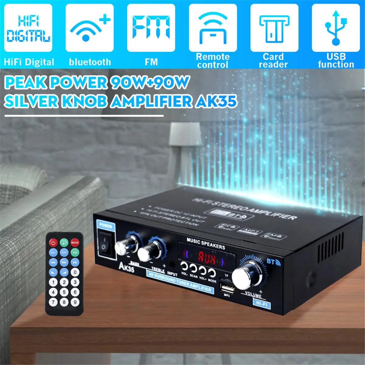 AK35 380 800W Home Digital Amplifiers Audio 110-240V Bass Audio Power bluetooth Amplifier Hifi FM Auto Music Subwoofer Speakers 6 channel amp