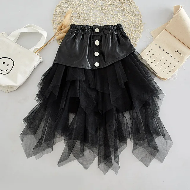 US $12.45 Spring Autumn girls tutu skirt baby PU skirt kids skirt children streetwear bottoms irregular layer