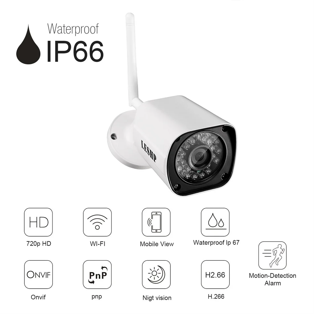 

LESHP Waterproof H.264 1.0 MP1280X720 HD WIFI Security Mini IP IR Bullet Camera SN-IPC-4006FSW10 Network Surveillance Camera