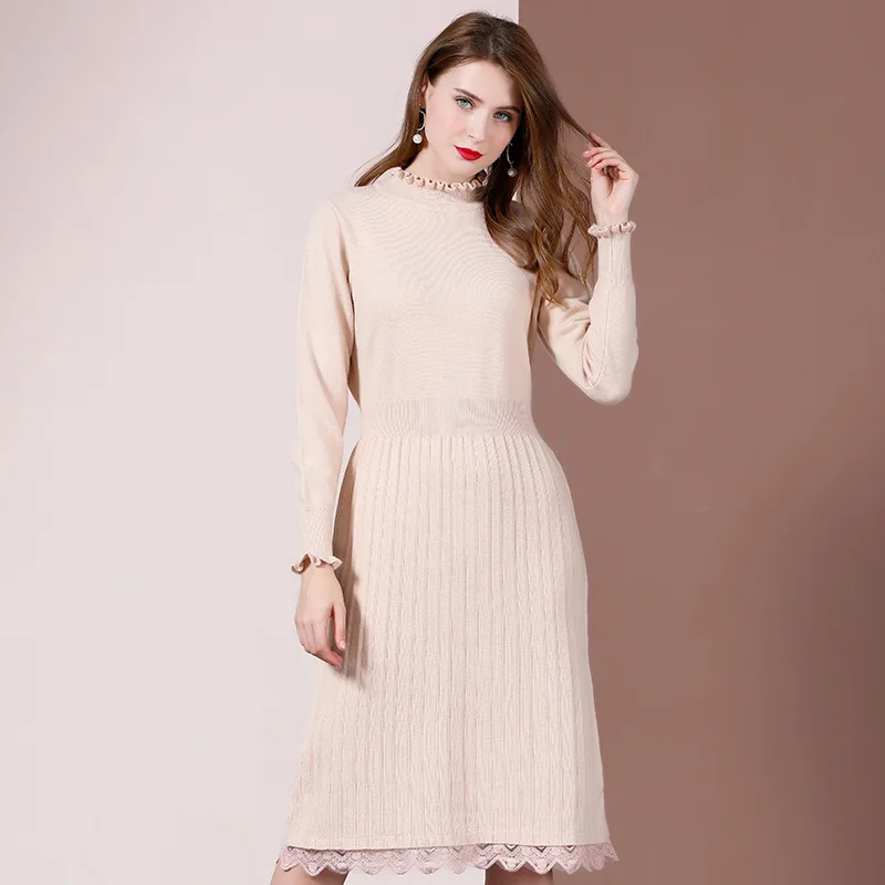 Apricot Платье Осень и зима женский темперамент светильник вареный гриб сторона с длинным рукавом сшитое плиссированное платье средней длины до колена - Цвет: Apricot