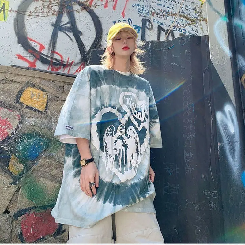 

Футболка Мужская/женская оверсайз с коротким рукавом, японский трендовый топ с принтом граффити в стиле хип-хоп, с принтом ручной росписи, в стиле окрашенной вручную, в стиле Харадзюку, на лето