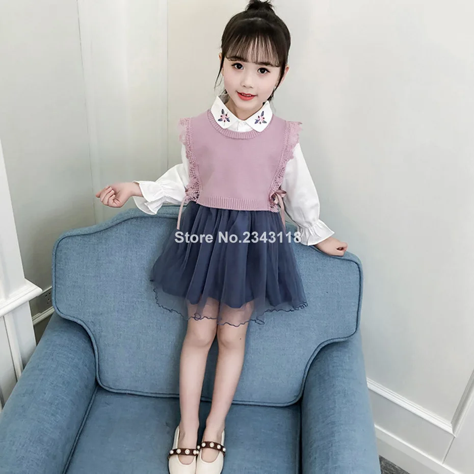 

Girls Clothes Set Solid Vest + Embroidery Mesh Dress 2pcs Girl Clothes Autumn Winter Clothes For Children 6 8 10 12 14 Year