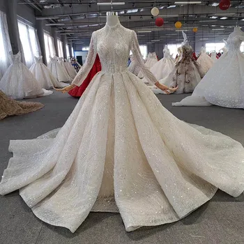 

BGW 21225ht Sparkly Wedding Dress With Popular Metallic Line High-neck Handmade Beaded Wedding Gown Long Train Sukienka Wesele