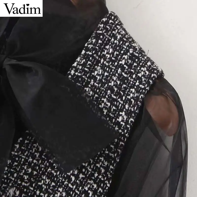 Vadim женское винтажное твидовое мини-платье из органзы с длинным рукавом и галстуком-бабочкой, женское Повседневное платье, шикарное лоскутное платье QC833
