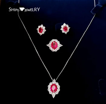 

Shipei Luxury 925 Sterling Silver Oval Cut Ruby Greated Moissanite Gemstone Rings/Earrings/Pendant/Necklace Wedding Jewelry Sets