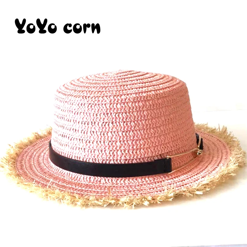 

YOYOCORN New sun Bucket cap Flat top Straw Hat Beach Caps Panama Raffia black belt gold snap hats Summer New Women's Sun Hat