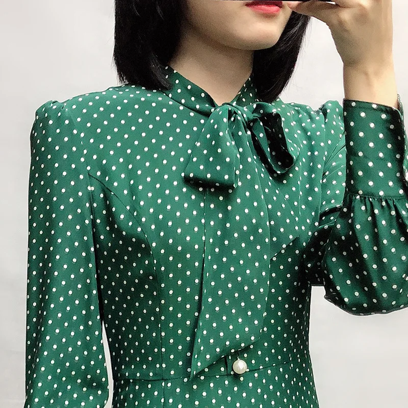 Весна дизайн Polk Dot Print Элегантные зеленые платья из натурального шелка повседневные большие качели трапециевидные роскошные женские платья