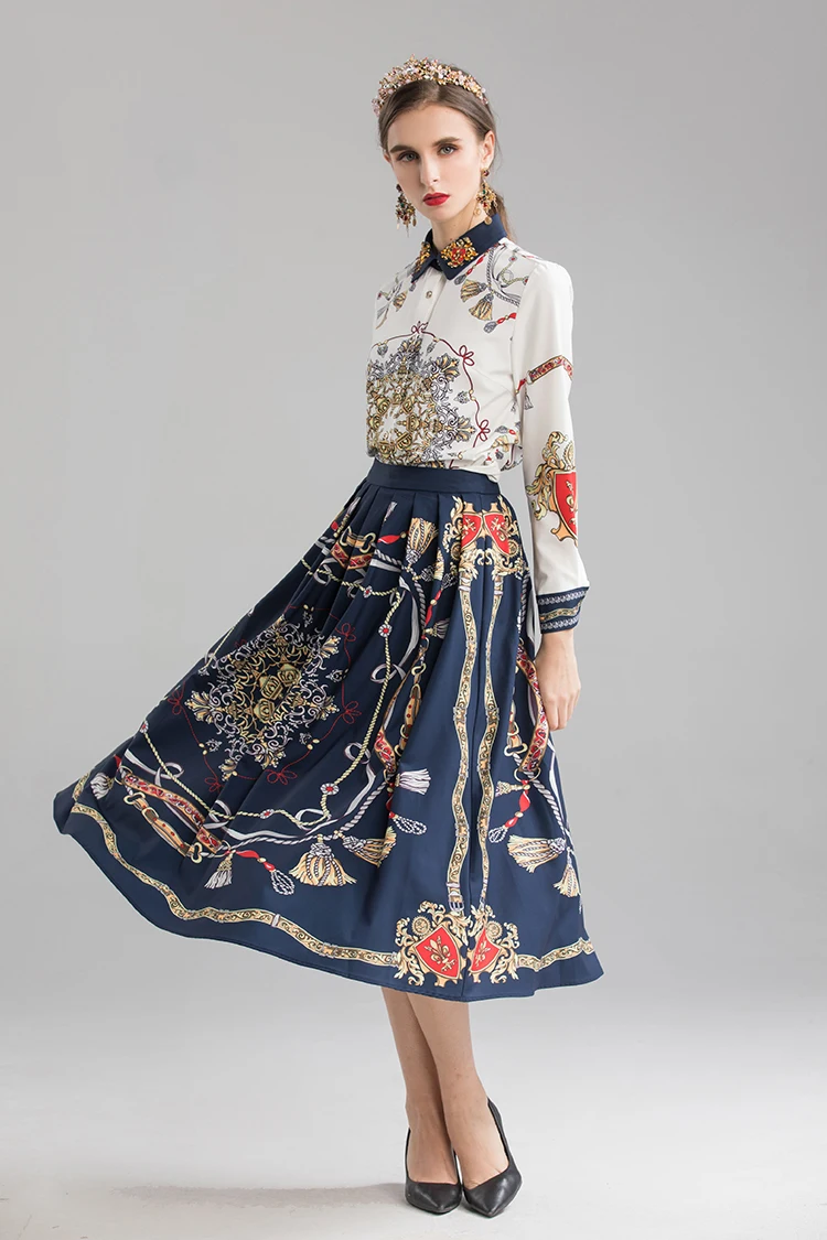 VERDEJULIAY Runway Women Sets Spring Autumn New Luxury Beading Turn-Down Blouse Top+Blue Pleated Skirt Flower Print Sets