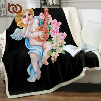 

BeddingOutlet Cute Sherpa Fleece Blanket Angel with Lute Plush Blanket Spring Flowers Bedspreads Watercolor Koce Valentine's Day