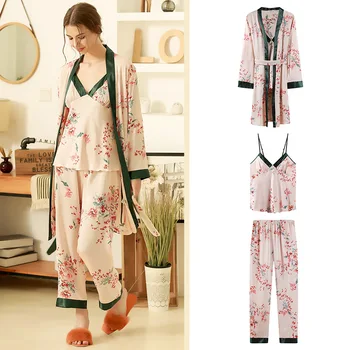 

Long-sleeved Coat Top And Pants Three Piece Robe Gown Homewear Sets Spring Autumn Sleepwear Loose Pajamas For Lady