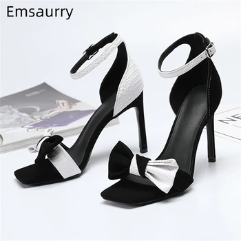 

Black White Mixed Color Gladiator Sandals Women Square Open Toe Ankle Strap Cover Heel Butterfly-knot 2020 Summer Shoes Woman