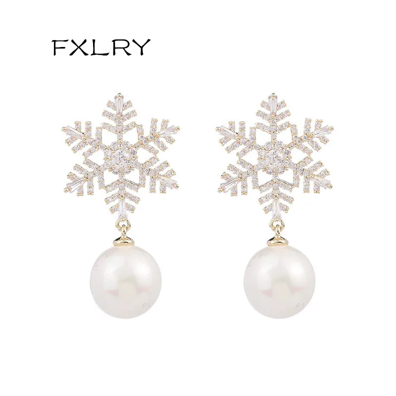 

FXLRY High Quality AAA Zircon Snowflake Drop Earrings for Women Wedding Dating Jewelry