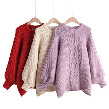 

2019 Women Autumn O-neck Knitted Lantern Sleeve Solid Female Sweater Ladies Casual Sweater