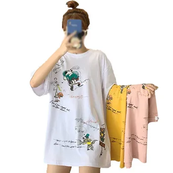 

Fashion Cartoon Letter Print Women's Tees Simple Casual O-Neck Cotton Canvas Short-sleeved Tops