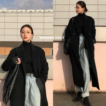 Модное Новое корейское Ретро простое черное двубортное длинное шерстяное пальто до колена Длинное Пальто меховое пальто парка шерстяное пальто для женщин