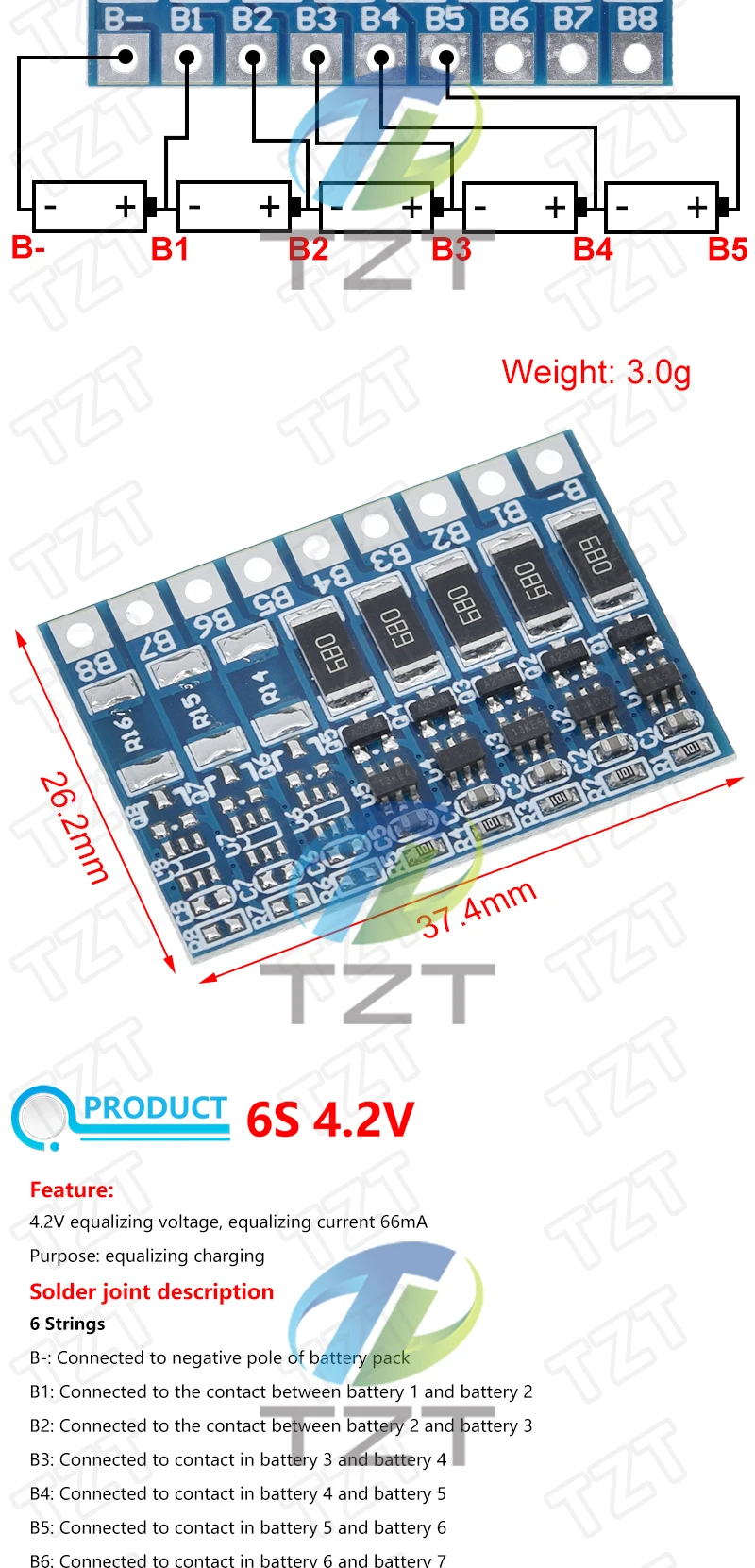 TZT 3S 4S 5S 6S 7S 8S 21V 4,2V Li-Ion-Balanceplatine 18650 Li-Ion-Ausgleichs- und Vollladungs-Batterie mit Ausgleichsfunktion und Schutzschaltung – Detail 10