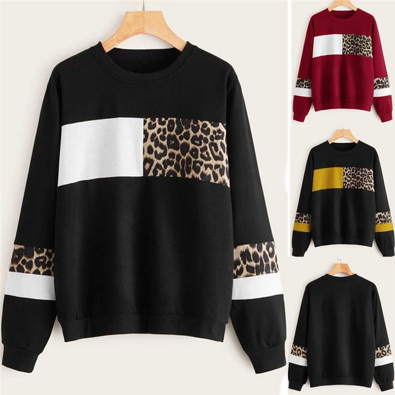 

Fashion Women Leopard Print O-Neck Sweatshirt Autumn Casual Pullover Cotton Long Sleeve Tops Haut femme