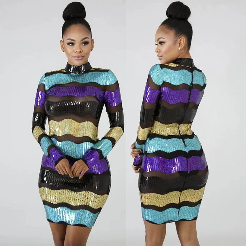 Photo Color 1 Сексуальное женское облегающее черное платье vestidos, платья для вечеринок, Украинская одежда sukienki, кружевное платье с блестками и длинным рукавом - Цвет: Photo Color 1