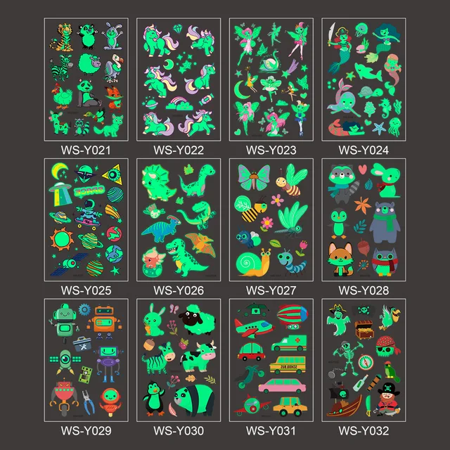 10 Kinds Luminous Tattoo Cartoon Pirate Dinosaur Temporary Body Sticker Birthday Party Disposable Waterproof Tatouage Temporaire 2