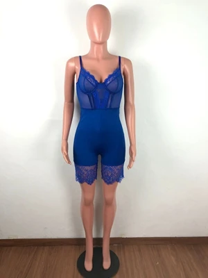 OMILKA кружевные комбинезоны осенние женские спагетти ремень V шеи спинки Bodycon полые Клубные вечерние короткие комбинезоны спортивные костюмы - Цвет: Синий