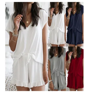 

Women Summer Pajamas Set Two-Piece Clothes V-Neck Short Sleeve T-shirt + Ruffled Shorts Casual Home Wear Sleeping Wear