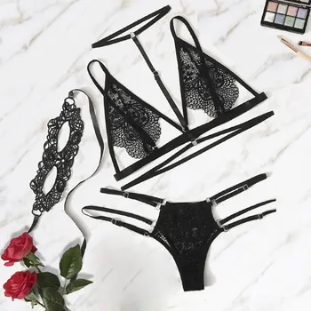 

New Women Sexy Bra Lace Thong Eye Mask Sleepwear Black Lingerie Underwear Set Lace sexy pajamas underwear set + eye mask