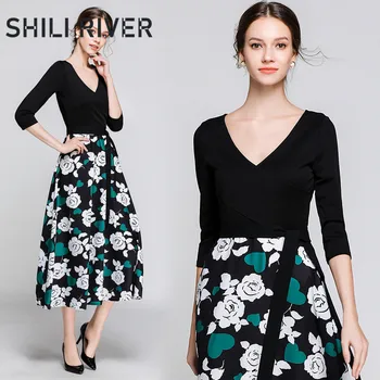 

2020 new spring summer designer party long dress for women hlaf sleeve slim casual flower elegant V neck swing full dresses belt