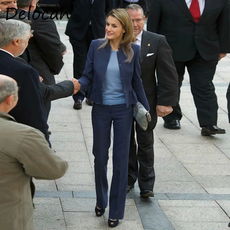 Delocah/Новинка 2021 Осенний женский модный подиумный комплект со штанами синяя