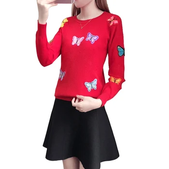 

Fashion knitted sweater two-piece set women spring embroidery long sleeve pullover top and short mini skirt suit students A3154