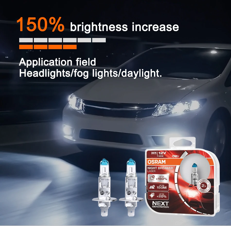 Лампа Ксеноновая OSRAM+ 20% больше белого света Night breaker лазерной следующего поколения H1 галогенные лампы 12V 55W Противотуманные лампы H1 64150NL+ 150% Яркость 1 пара