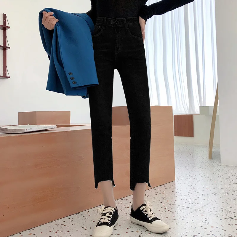 Women's High-rise Elastic Jeans Summer Autumn Streetwear Flared Trousers Washed Buttons Frayed Denim Pants - Цвет: Черный