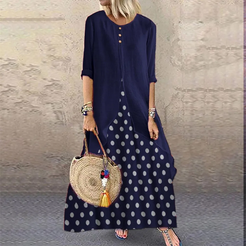 5XL Boho женское элегантное платье с длинными рукавами осеннее женское длинное Макси-кафтан платье свободного кроя в горошек Плюс Размер Vestido