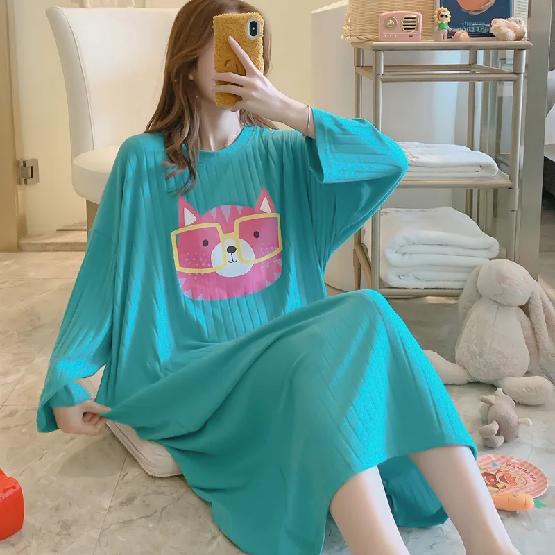 

Nightgown Women's Spring And Autumn Pure Cotton Long Sleeve Thin Large Size Korean-style Sweet Pregnant Women Long Pajamas-Outer